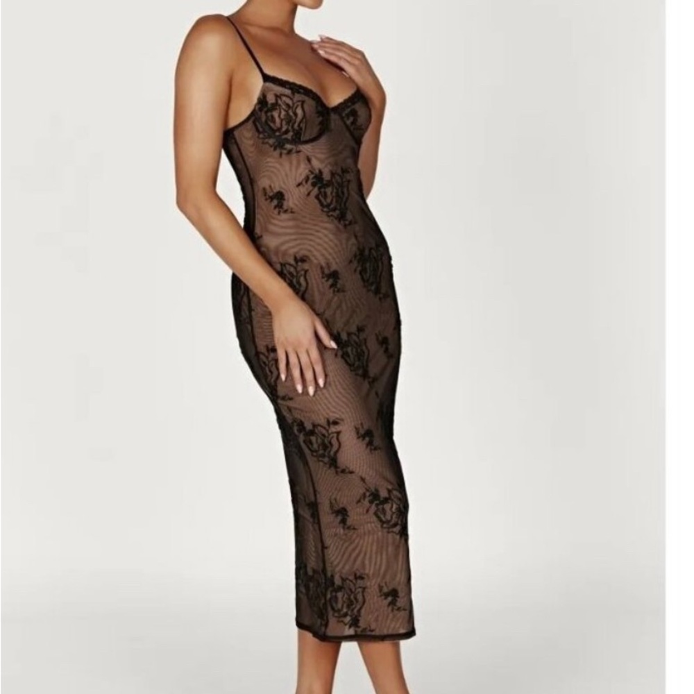 Meshki Venice Embroidered Mesh Midi Dress in Black